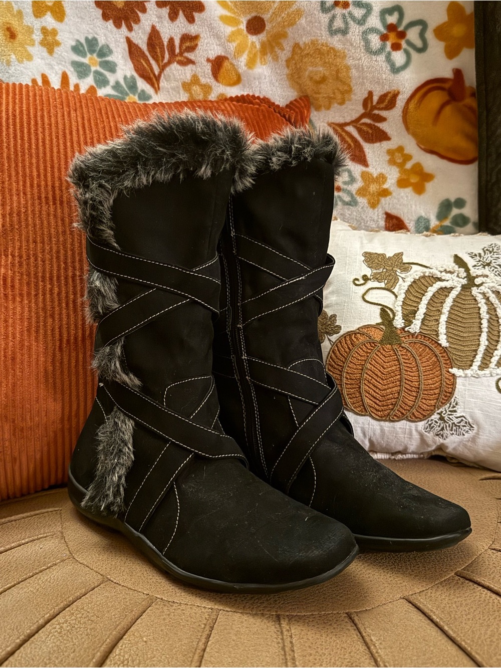 Natural Soul by Naturalizer Fasano Blk Faux Fur Suede Mid Calf Boots Size 8 NEW